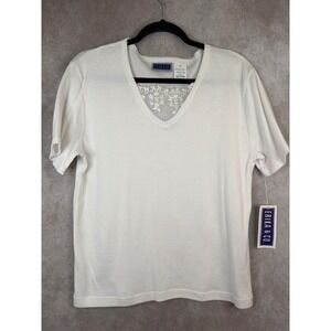 NWT Y2K ERIKA & CO White V-Neck Lace Trim Short Sleeve T-Shirt Top Women's L